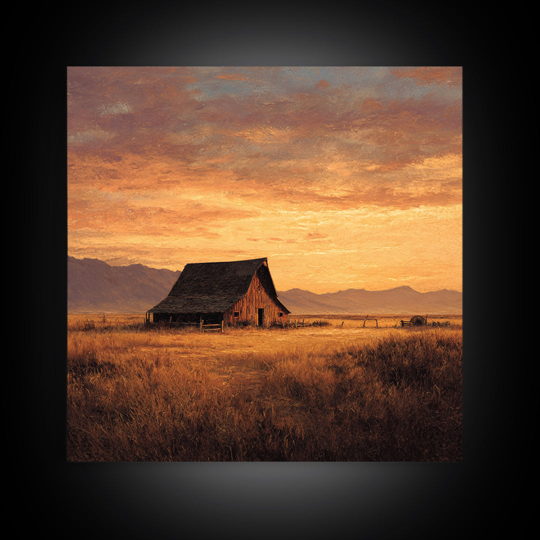 Rustic Barn At Sunset Landscape Wall Art, Country Farmhouse Painting, Warm Autumn Field Scene Large Framed Canvas Print