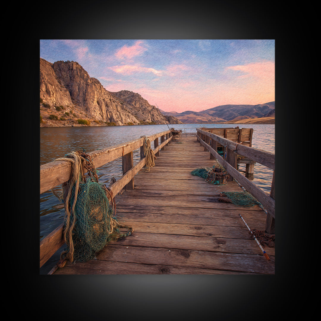 Rustic Fishing Pier At Sunset Canvas Print, Mountain Lake Landscape Wall Art, Cozy Cabin Decor For Lake House Or Living Room