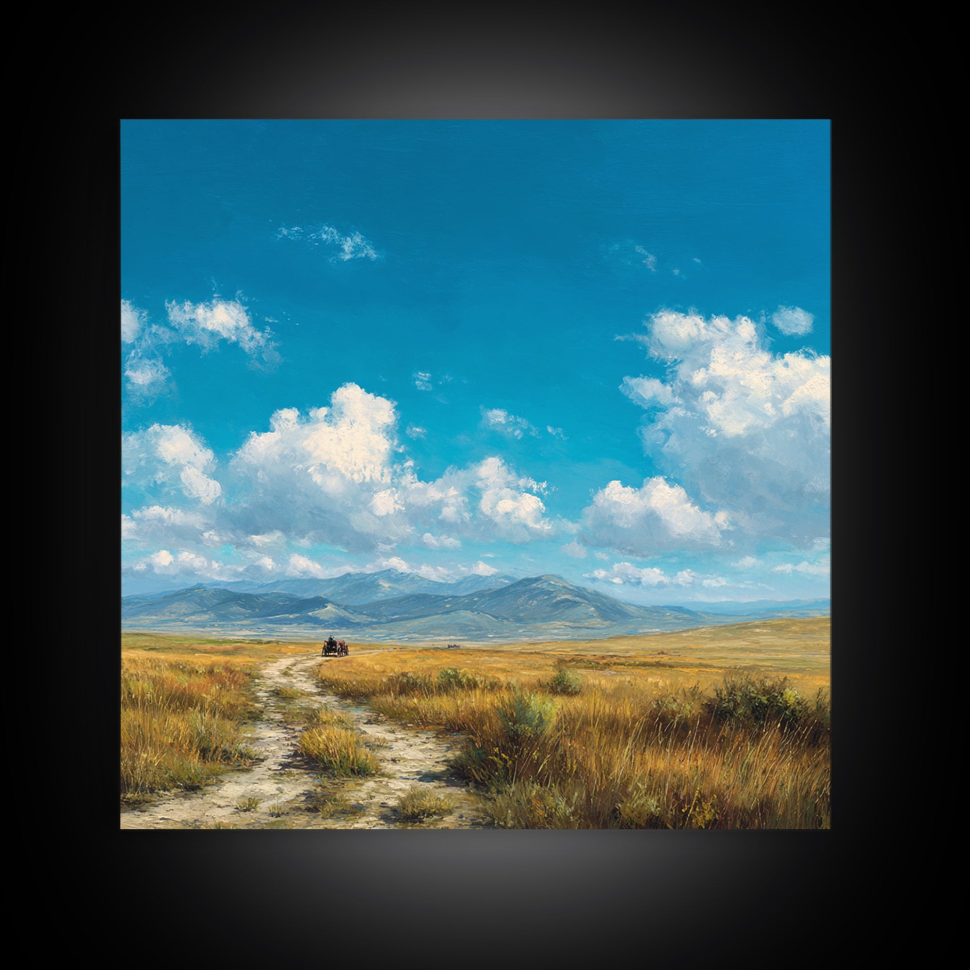 Golden Prairie Wagon Landscape Wall Art, Western Country Sunset Painting, Rustic Home Decor, Large Modern Art Print Canvas