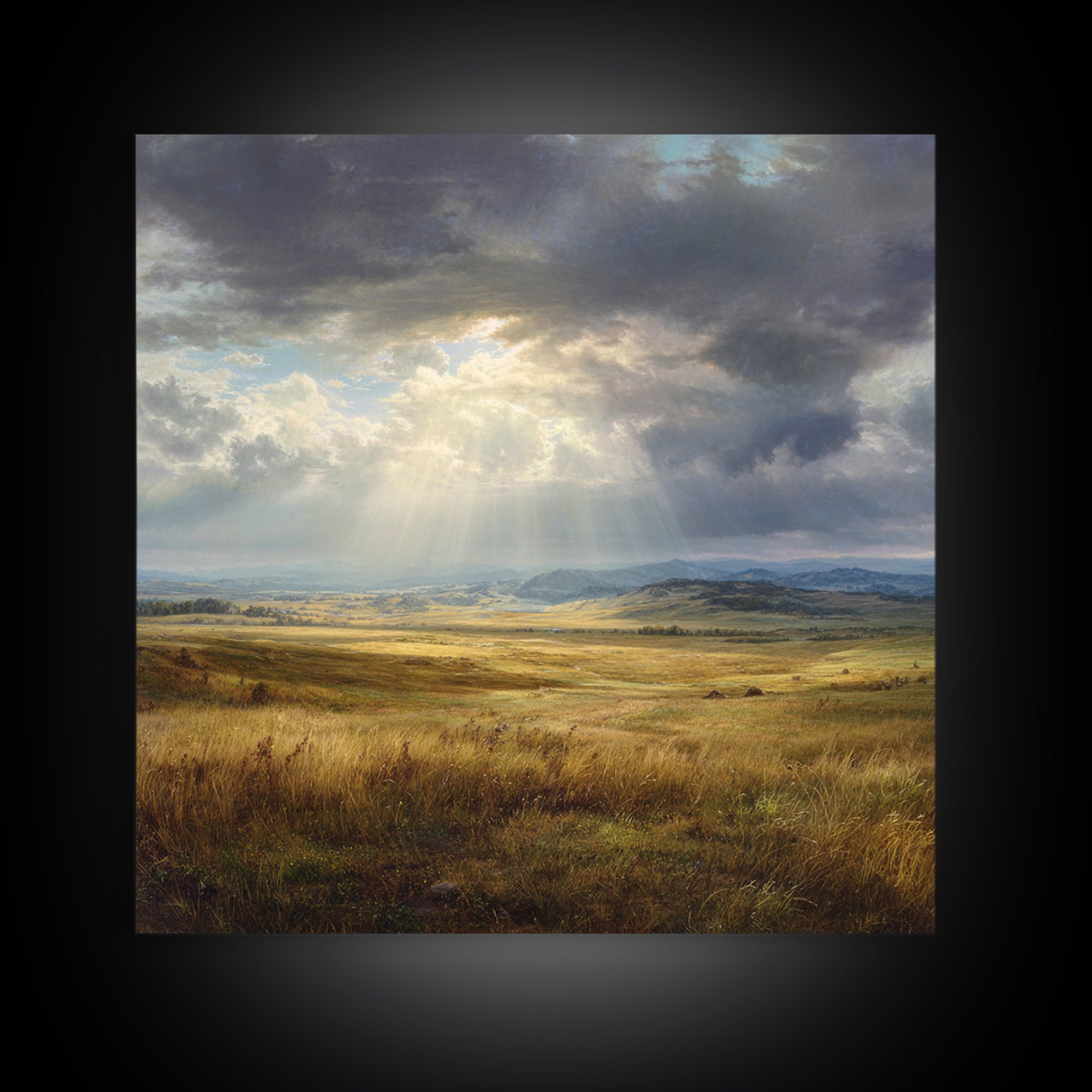 Sun Rays Over Golden Prairie Wall Art, Dramatic Western Landscape Canvas Print, Rustic Country Decor, Large Nature Living Room Art