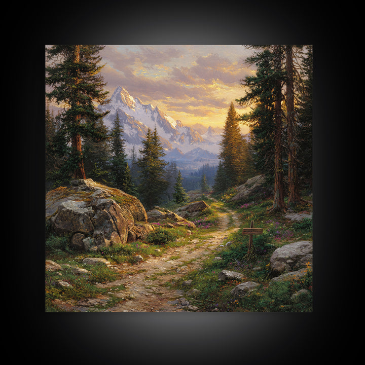 Mountain Forest Path At Sunset Wall Art, Tranquil Landscape Canvas Print For Rustic Cabin Or Living Room Home Decor