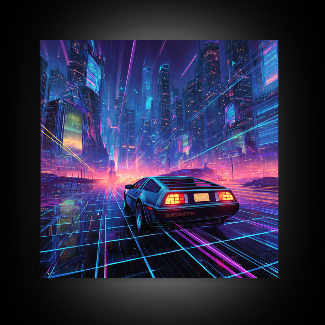 Retro Futuristic Car In Neon Cityscape Wall Art, Cyberpunk Sci Fi Canvas Print, Gaming Room Decor Modern Art
