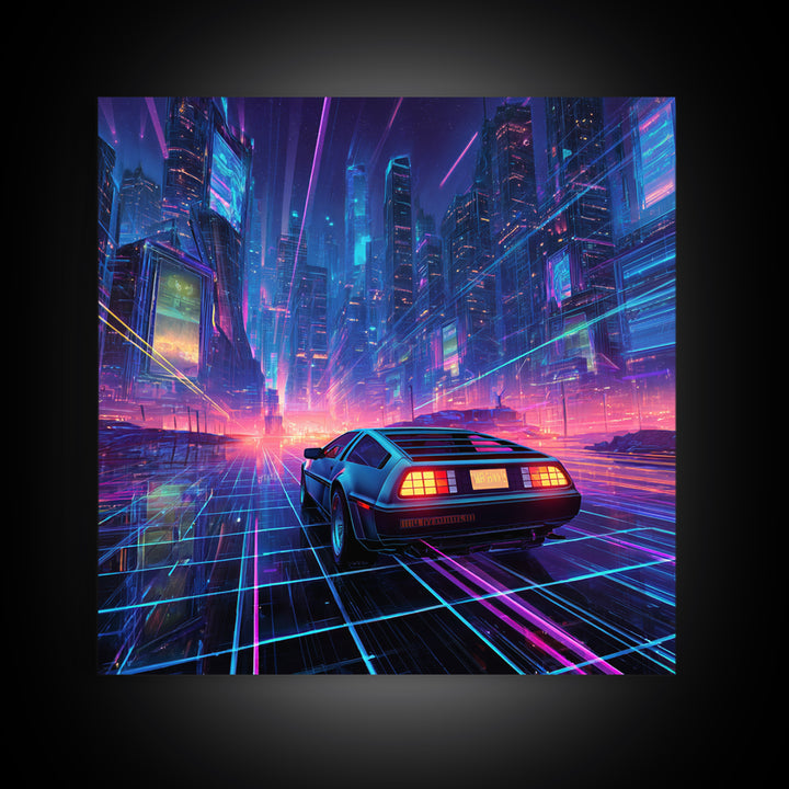 Retro Futuristic Car In Neon Cityscape Wall Art, Cyberpunk Sci Fi Canvas Print, Gaming Room Decor Modern Art