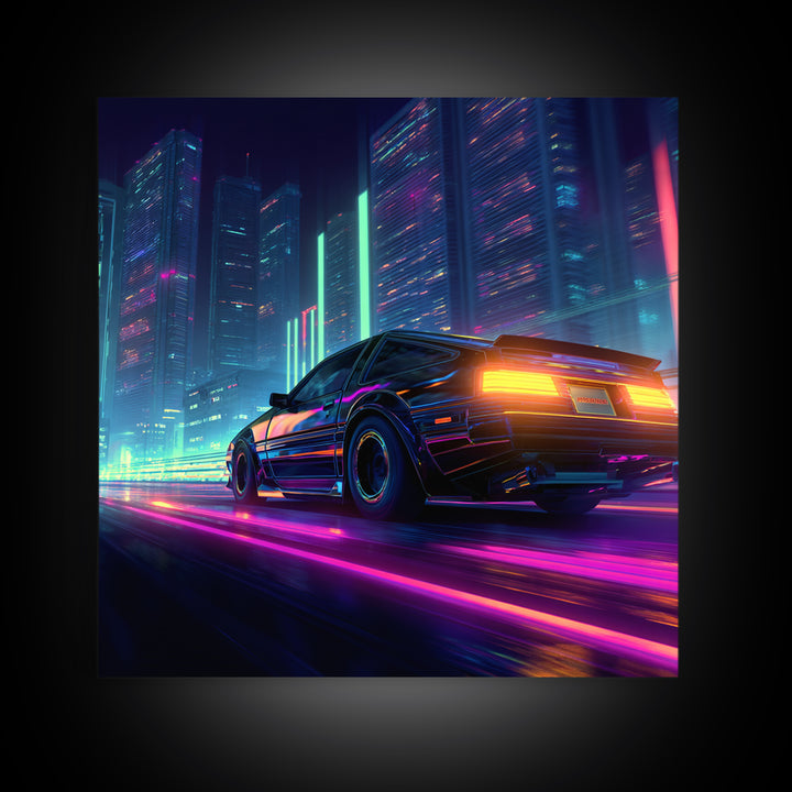 Neon Cyberpunk Sports Car Night Cityscape Wall Art Futuristic Sci Fi Urban Decor Gaming Room Canvas Print For Cool Office