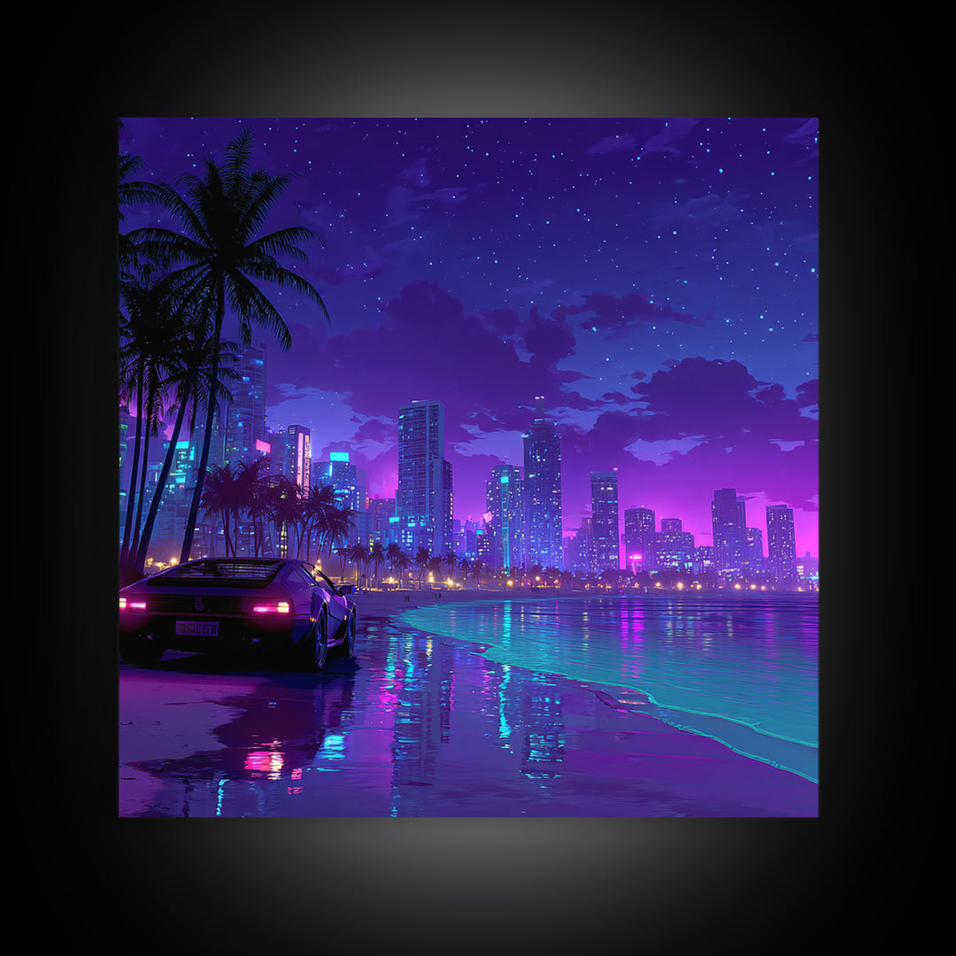 Neon Miami Night Cityscape Wall Art, Retro Futuristic Car On Beach, Cyberpunk Ocean Art, Gaming Room Decor Canvas Print
