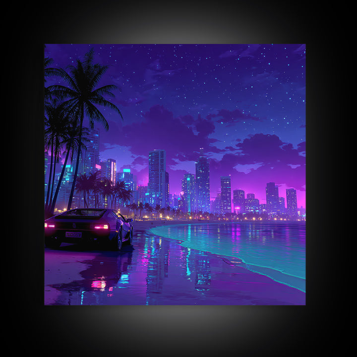 Neon Miami Night Cityscape Wall Art, Retro Futuristic Car On Beach, Cyberpunk Ocean Art, Gaming Room Decor Canvas Print