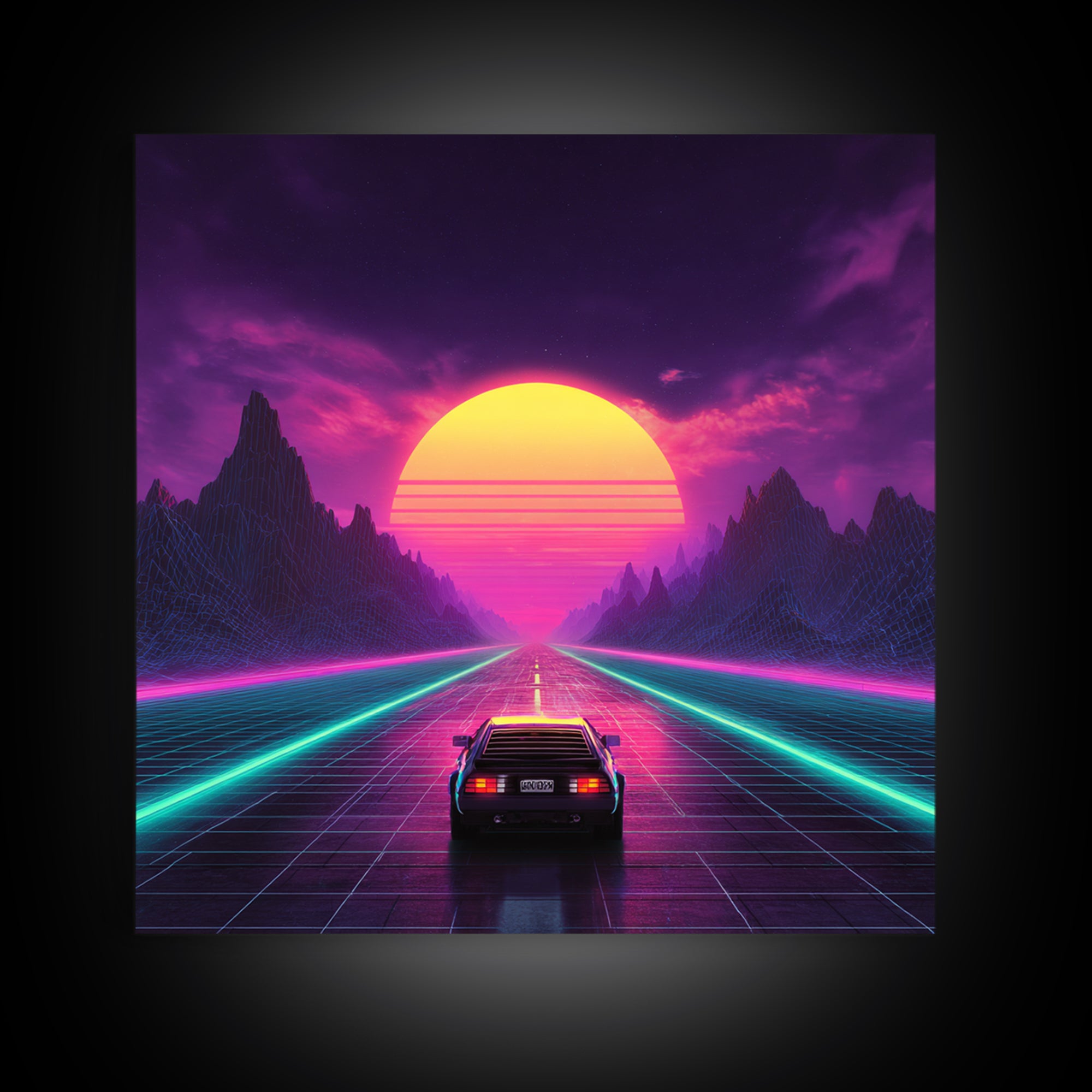 Retro Synthwave Sunset Highway Wall Art, Neon Car Landscape Canvas Print, Cyberpunk Futuristic Decor, Gaming Room Wall Art