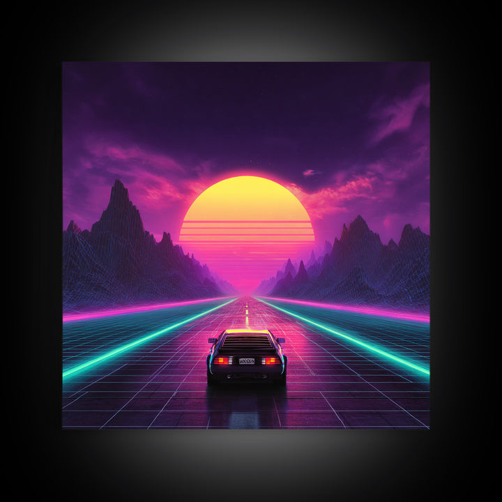 Retro Synthwave Sunset Highway Wall Art, Neon Car Landscape Canvas Print, Cyberpunk Futuristic Decor, Gaming Room Wall Art