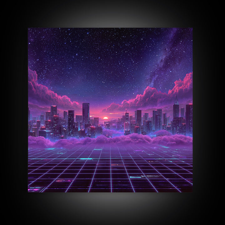 Neon Retro Futuristic Cityscape Wall Art, Vaporwave Sunset Skyline Canvas Print, Cyberpunk Room Decor, Gaming Office Artwork