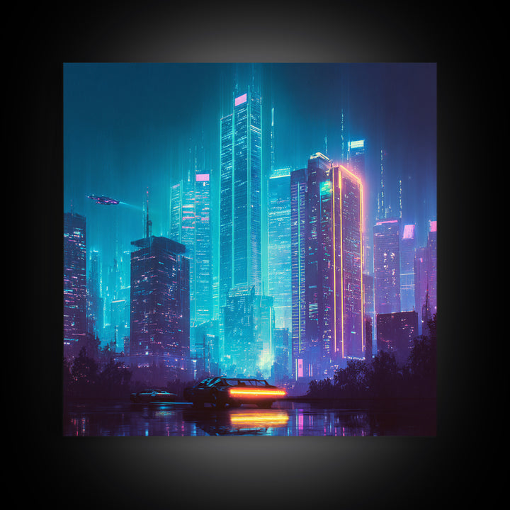 Cyberpunk Neon Cityscape At Night Wall Art, Futuristic Skyline Canvas Print, Retro Wave Room Decor, Gaming Home Decor
