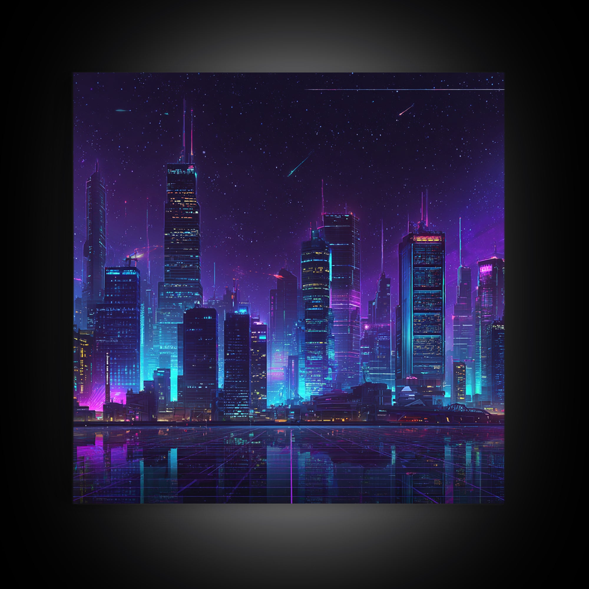 Neon Cyberpunk City Skyline Wall Art, Futuristic Nightscape Canvas Print, Sci Fi Gaming Room Decor, Vaporwave Wall Art
