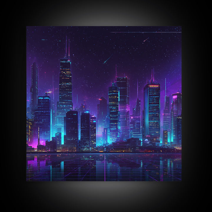 Neon Cyberpunk City Skyline Wall Art, Futuristic Nightscape Canvas Print, Sci Fi Gaming Room Decor, Vaporwave Wall Art