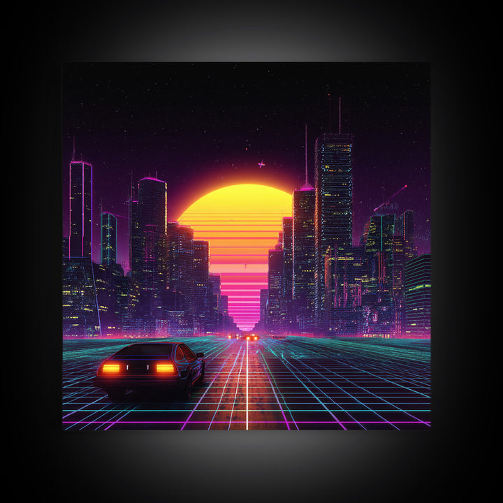 Retro Futuristic City Neon Sunset Car Driving 80s Vaporwave Wall Art Canvas Print Cyberpunk Decor Gaming Room Wall Art