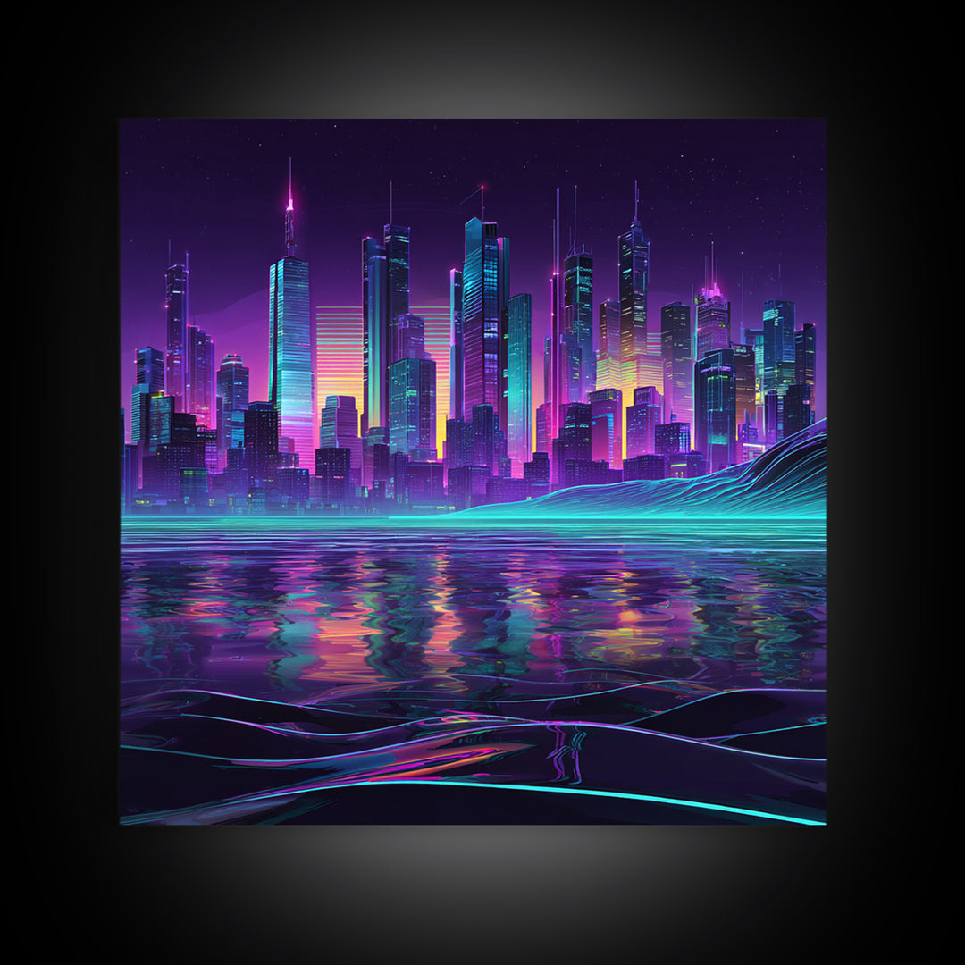 Neon Futuristic City Skyline At Night Wall Art Cyberpunk Landscape Canvas Print Modern Urban Home Decor Gaming Room Artwork