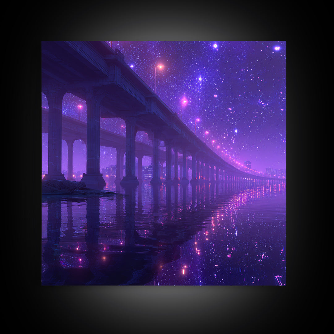 Neon Bridge At Night Over Water Wall Art, Dreamy Purple Cityscape Print, Modern Coastal Home Decor Canvas Print