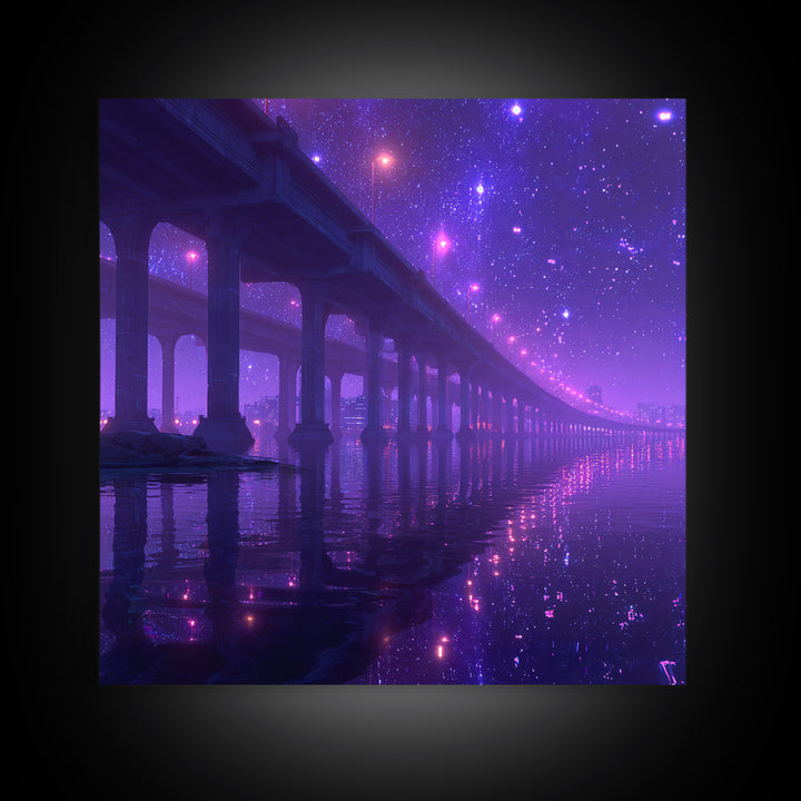 Neon Bridge At Night Over Water Wall Art, Dreamy Purple Cityscape Print, Modern Coastal Home Decor Canvas Print