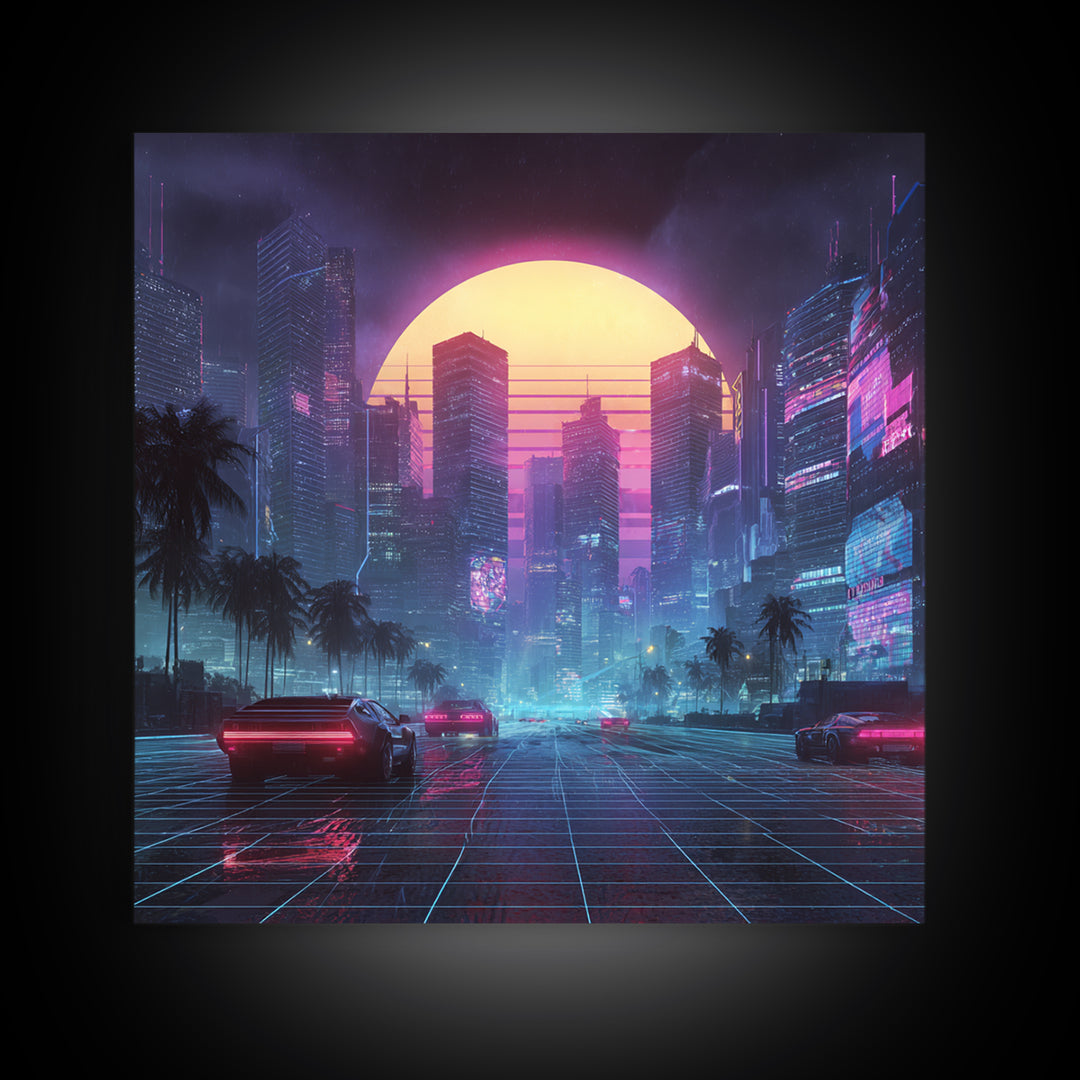 Neon Cyberpunk Cityscape With Retro Cars Wall Art Canvas Print, Futuristic Sci Fi Gaming Room Decor Modern Urban Art