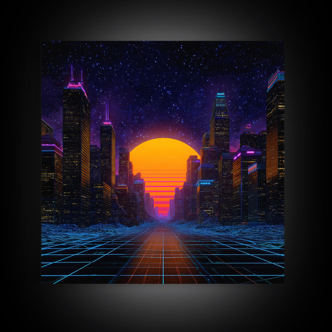 Neon City Sunset Retro Futuristic Wall Art, Cyberpunk Skyline Print, Synthwave Gaming Room Decor, Vibrant Sci Fi Living Room Wall Art