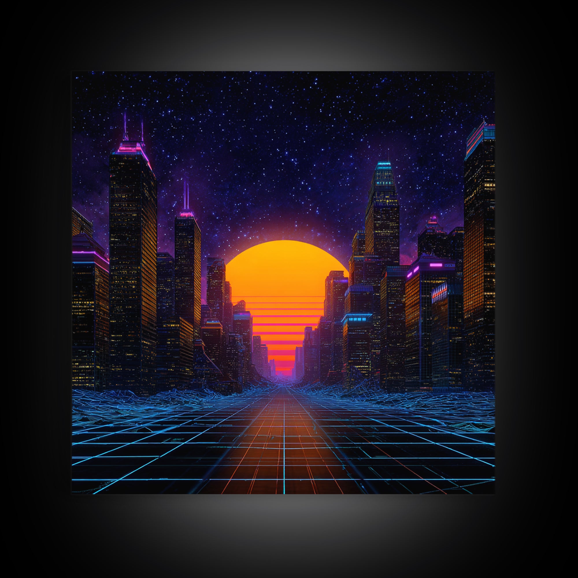 Neon City Sunset Retro Futuristic Wall Art, Cyberpunk Skyline Print, Synthwave Gaming Room Decor, Vibrant Sci Fi Living Room Wall Art