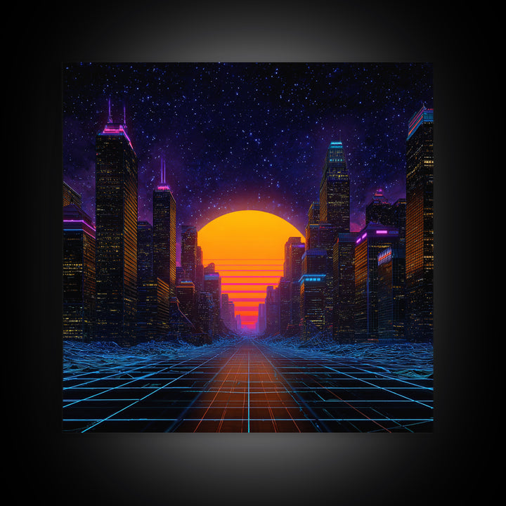Neon City Sunset Retro Futuristic Wall Art, Cyberpunk Skyline Print, Synthwave Gaming Room Decor, Vibrant Sci Fi Living Room Wall Art