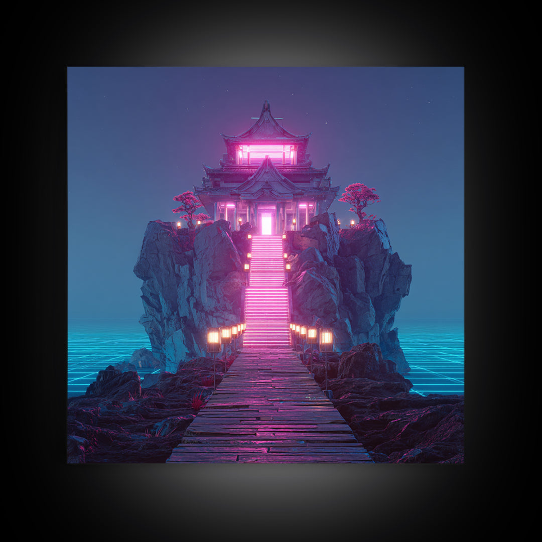Neon Temple On Ocean Cliff Wall Art, Futuristic Fantasy Landscape Print, Surreal Zen Decor, Modern Home Decor Canvas Print