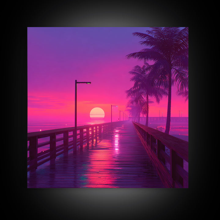 Neon Pier At Sunset With Palm Trees Wall Art, Vibrant Coastal Landscape Print, Retro Beach Home Decor Canvas Print