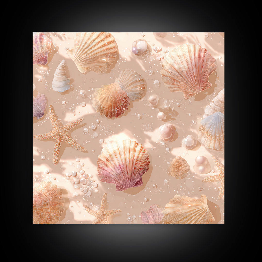 Blush Seashells And Starfish Canvas Print, Coastal Wall Art, Beach House Decor, Ocean Nursery Decor, Soft Nautical Decor