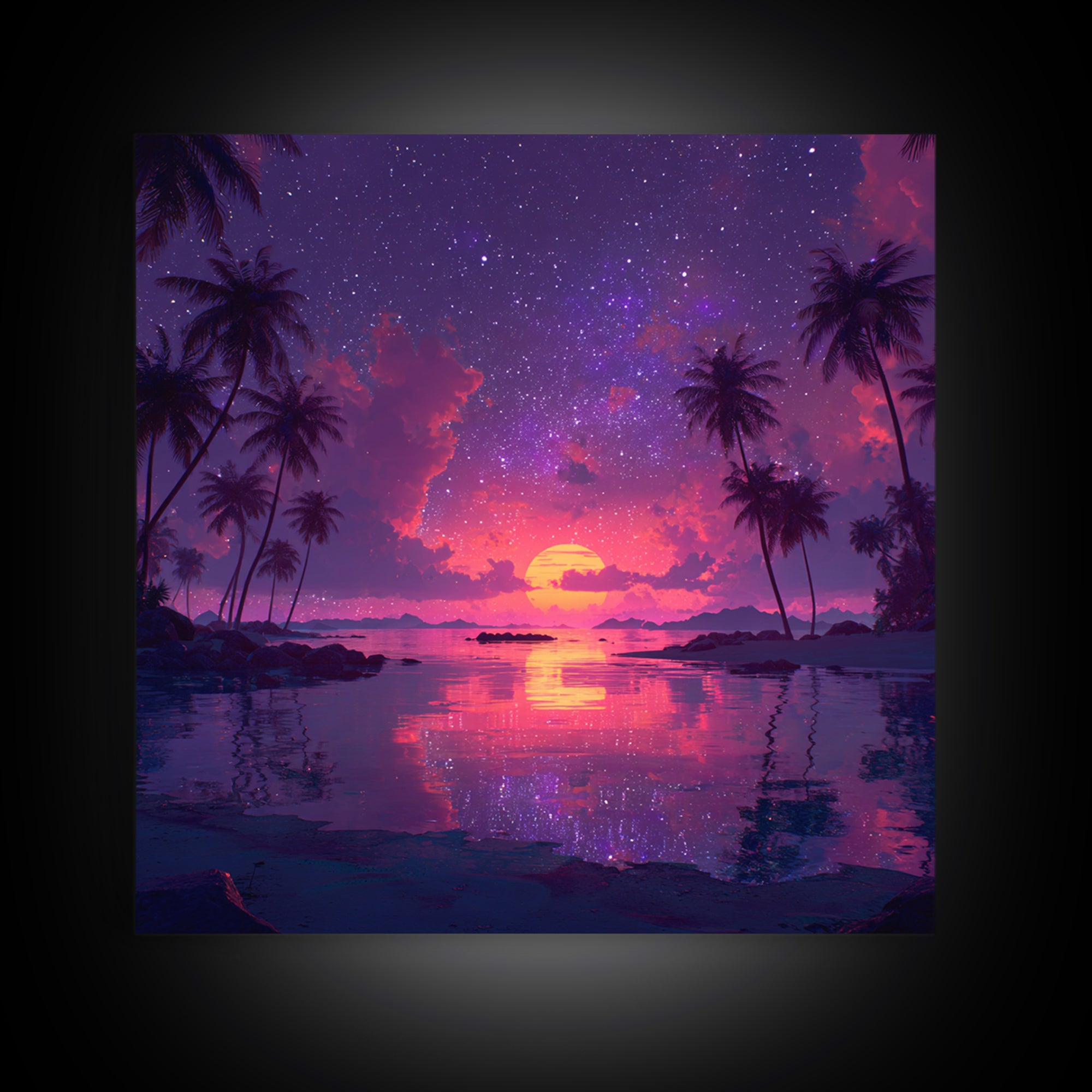Starlit Tropical Lagoon Sunset Wall Art, Dreamy Pink Purple Coastal Landscape, Romantic Beach Canvas Print For Bedroom