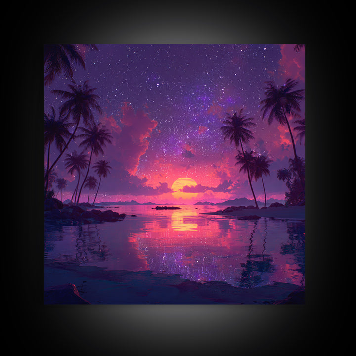 Starlit Tropical Lagoon Sunset Wall Art, Dreamy Pink Purple Coastal Landscape, Romantic Beach Canvas Print For Bedroom
