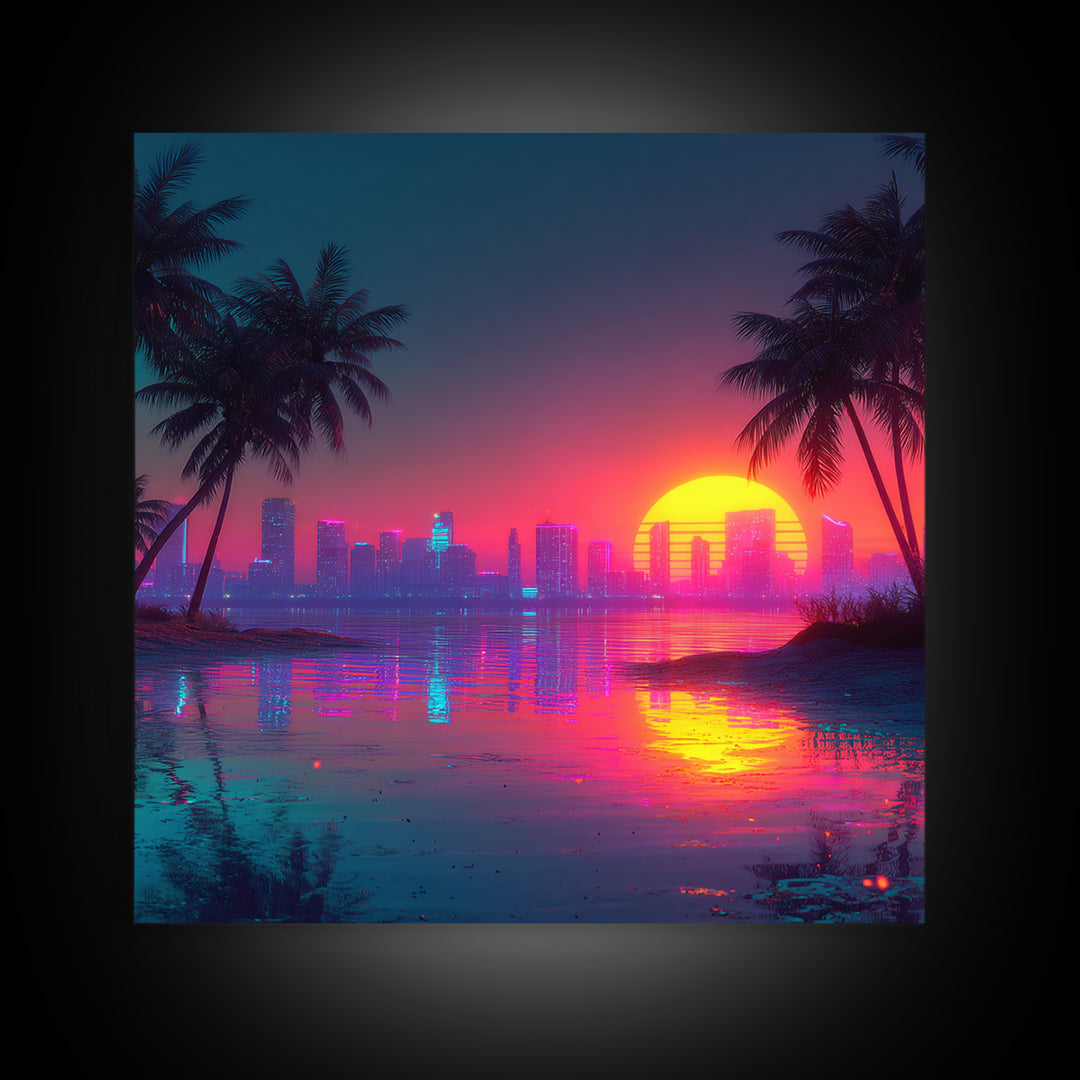 Retro Neon Beach Sunset City Skyline Wall Art Vaporwave Aesthetic Canvas Print Modern Coastal Wall Art Decor