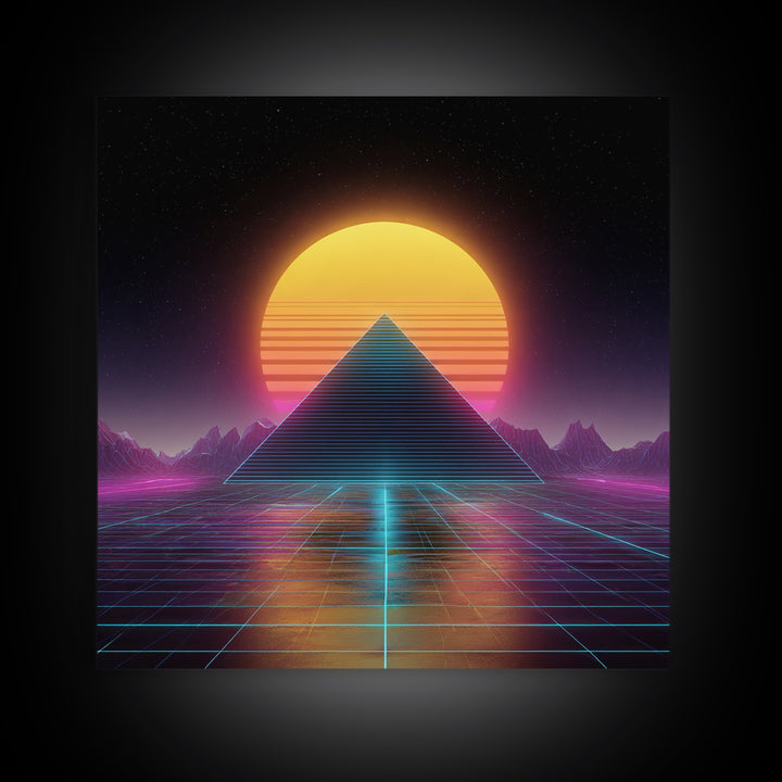 Retro Futuristic Pyramid Neon Sunset Landscape Wall Art Vaporwave Synthwave Painting Gaming Room Decor Canvas Print