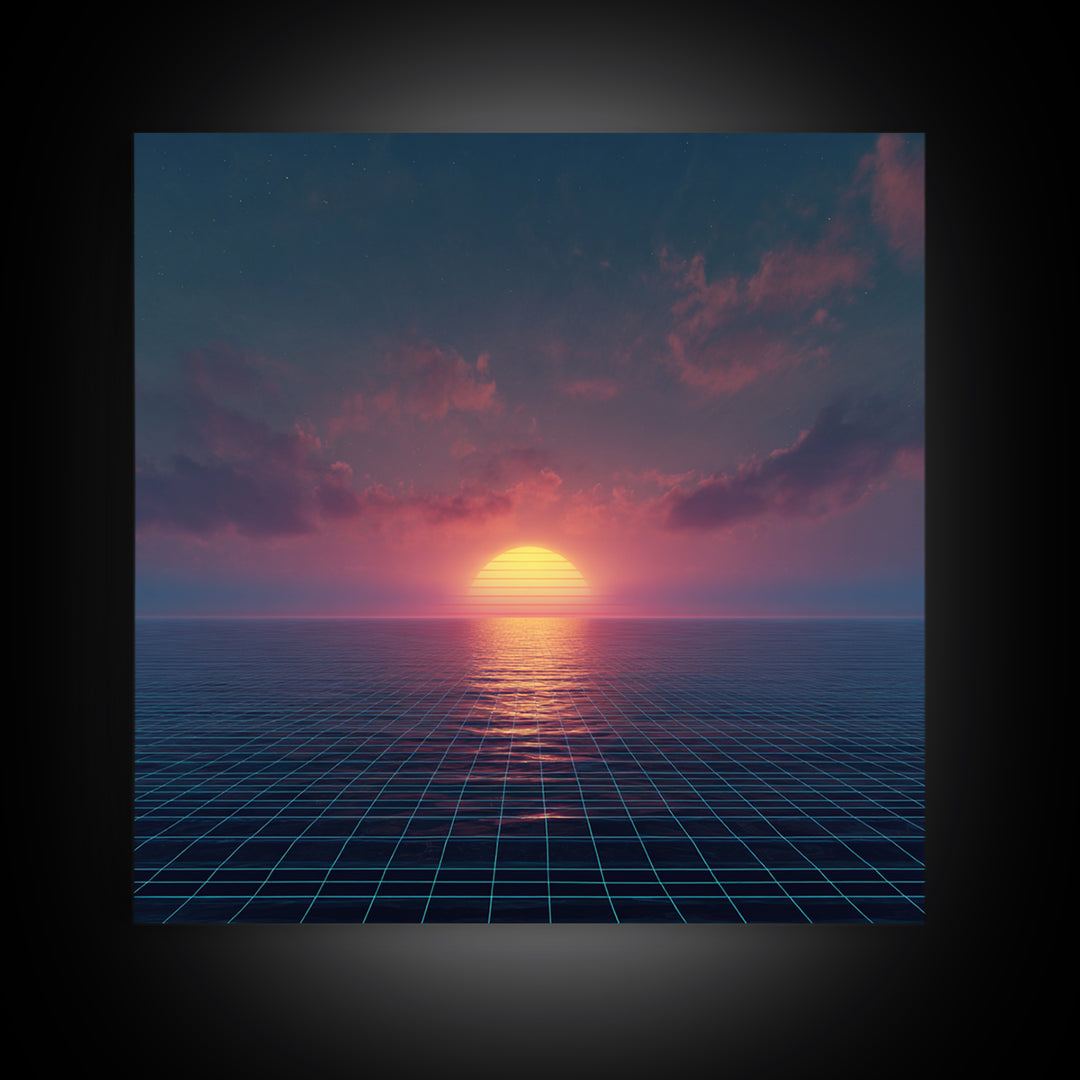 Neon Ocean Horizon Sunset Canvas Print, Retro Grid Seascape Wall Art, Futuristic Coastal Decor, Synthwave Bedroom Or Gaming Room Art