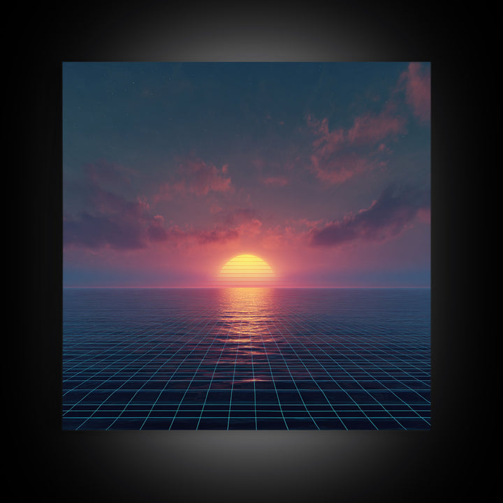 Neon Ocean Horizon Sunset Canvas Print, Retro Grid Seascape Wall Art, Futuristic Coastal Decor, Synthwave Bedroom Or Gaming Room Art