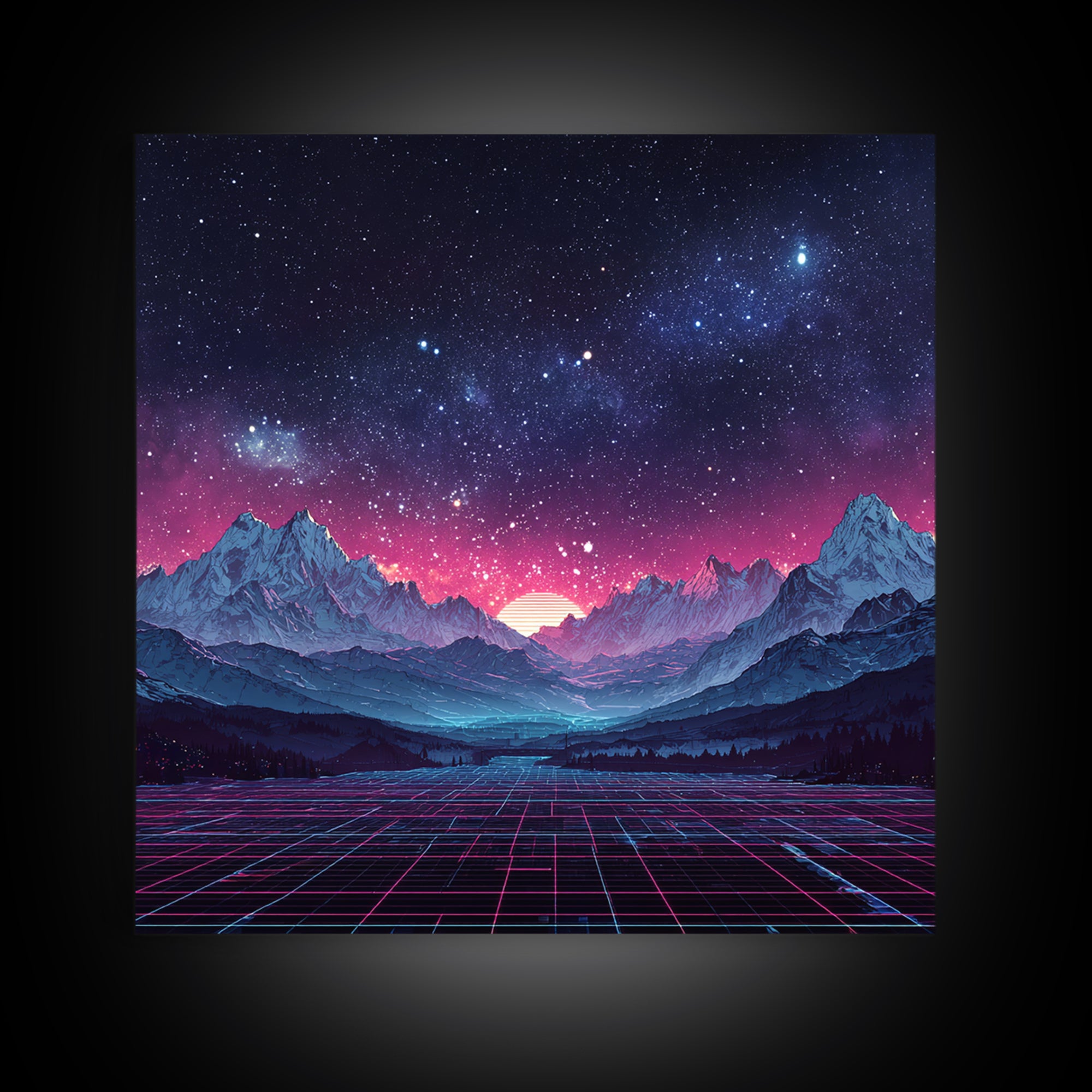 Neon Retro Mountains At Night Wall Art, Synthwave Landscape Print, Futuristic Gaming Room Decor, Vaporwave Aesthetic Wall Art