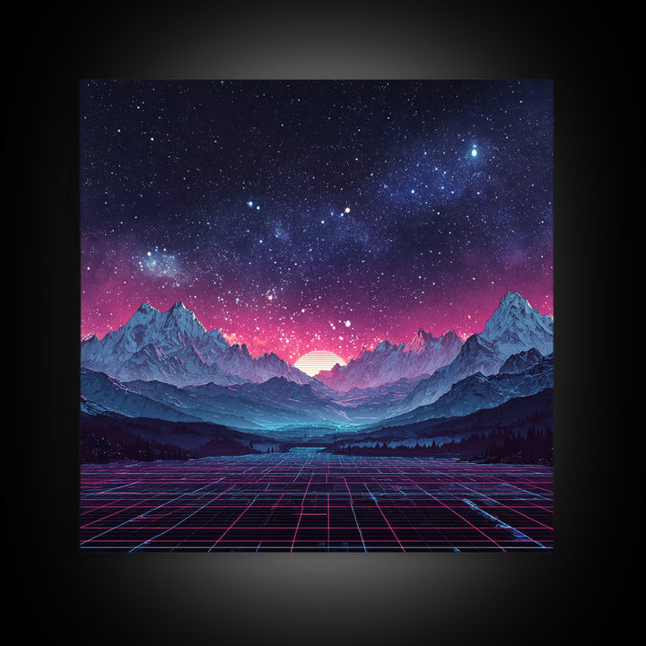 Neon Retro Mountains At Night Wall Art, Synthwave Landscape Print, Futuristic Gaming Room Decor, Vaporwave Aesthetic Wall Art