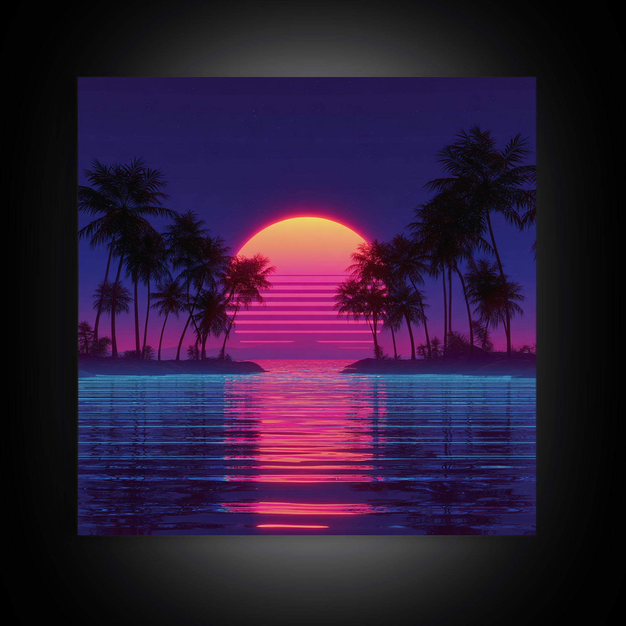 Retro Neon Island Sunset Wall Art, Synthwave Palm Tree Canvas Print, Vaporwave City Beach Decor, Futuristic Coastal Art