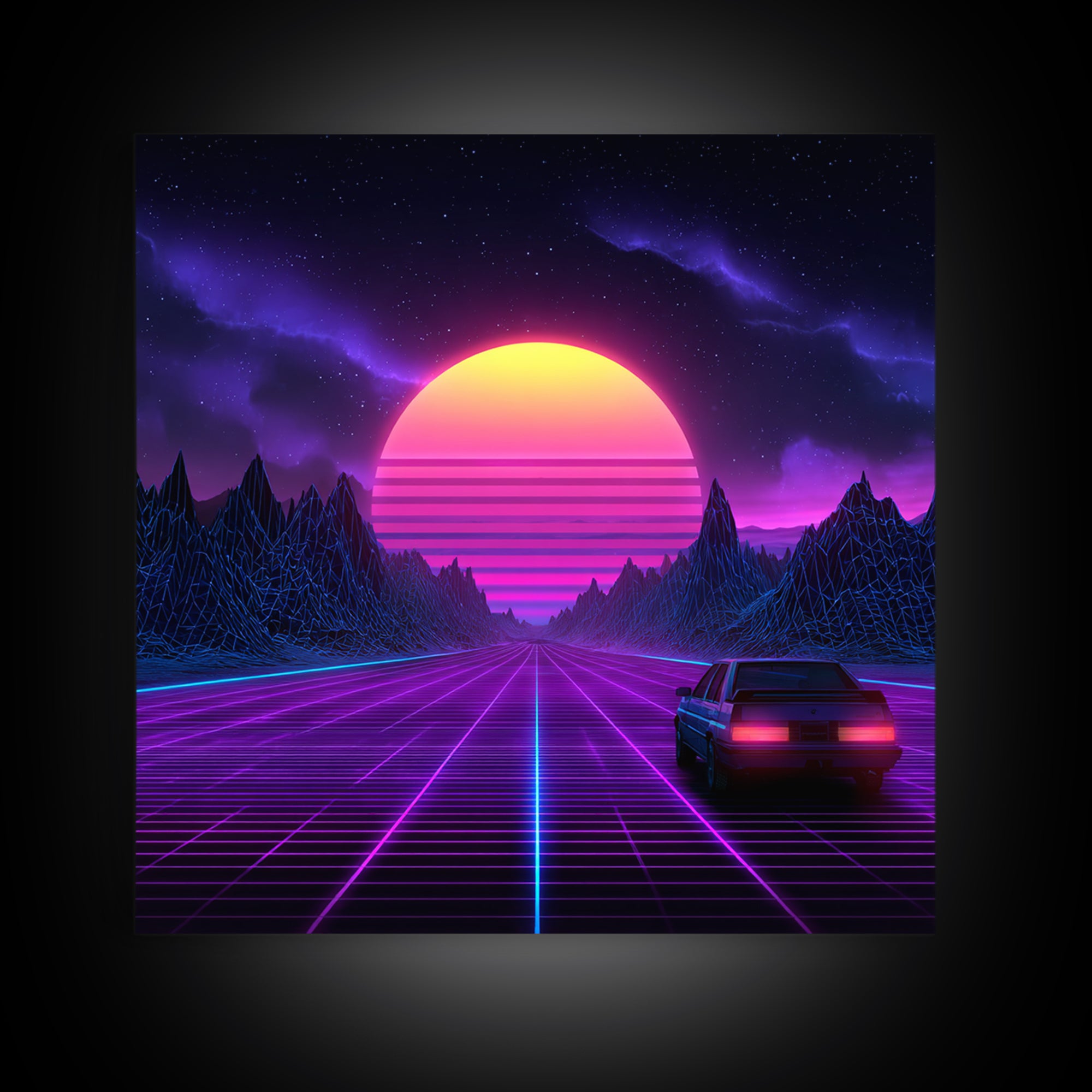 Neon Retro Highway Vaporwave Landscape Wall Art Canvas Print, Futuristic Sci Fi Gaming Room Decor Modern Abstract Art