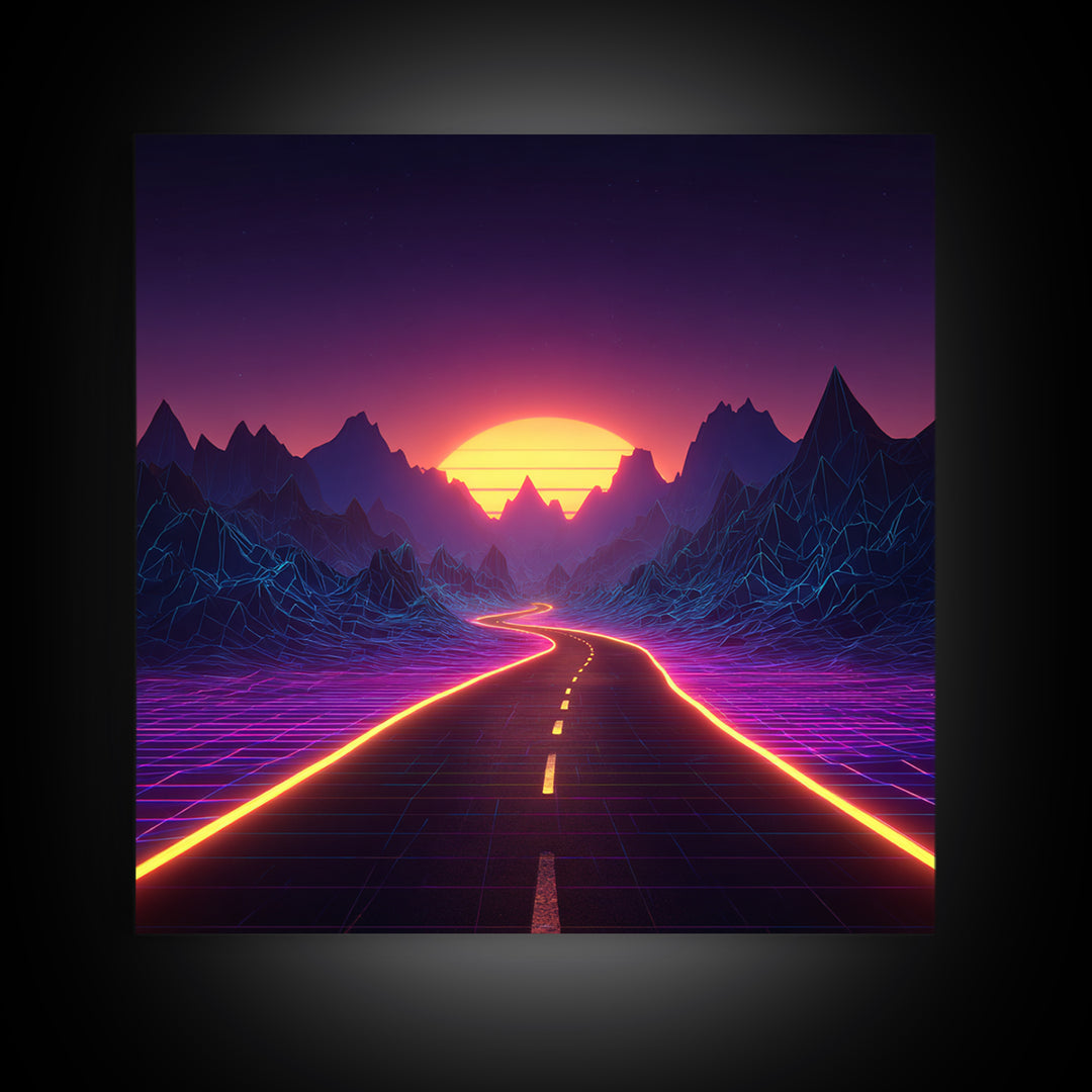 Retro Futuristic Neon Road Wall Art, Synthwave Landscape Poster, Gaming Room Decor, Vibrant 80s Style Canvas Print