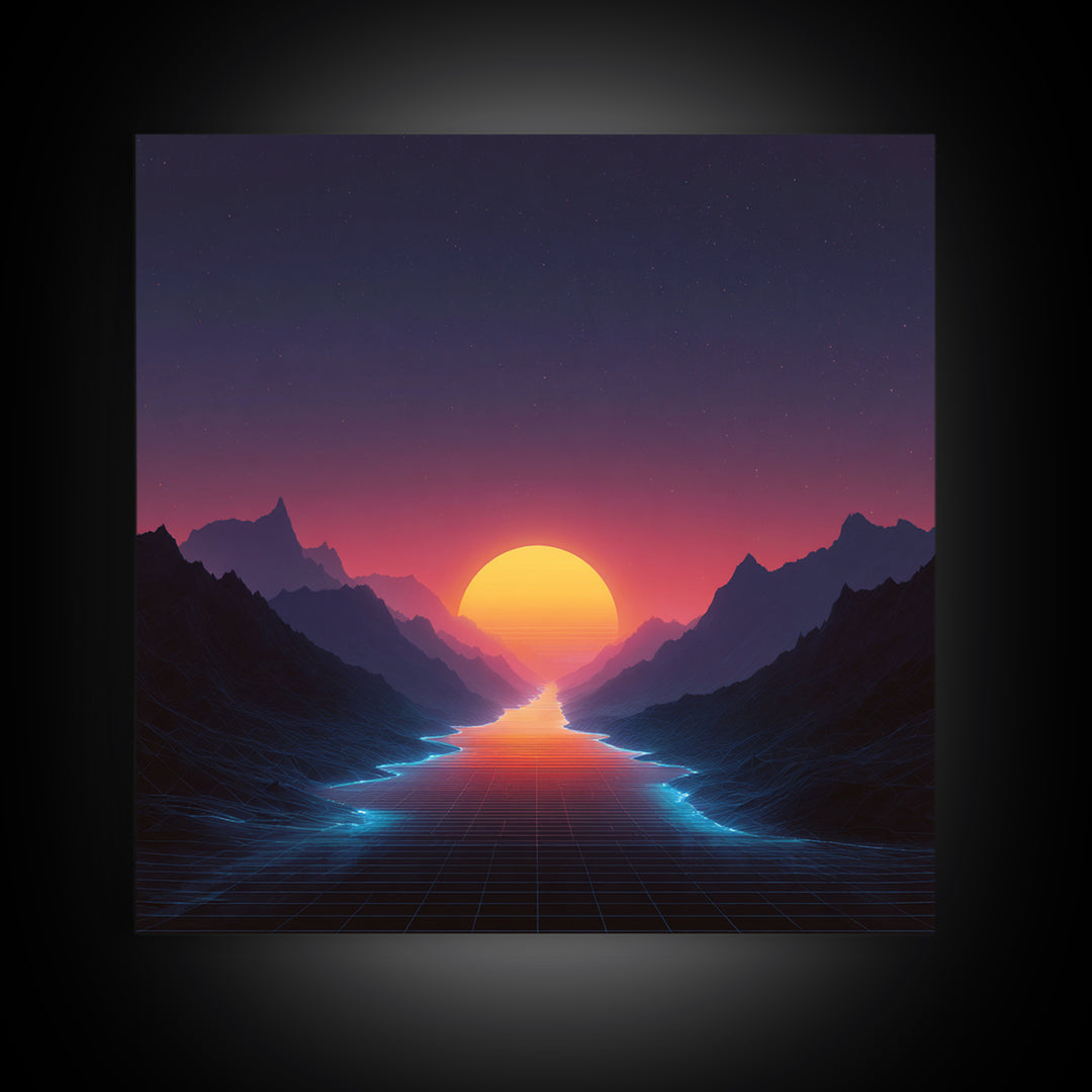Retro Synthwave Sunset Over Neon River Wall Art, Futuristic 80s Vaporwave Landscape Canvas Print For Gaming Room