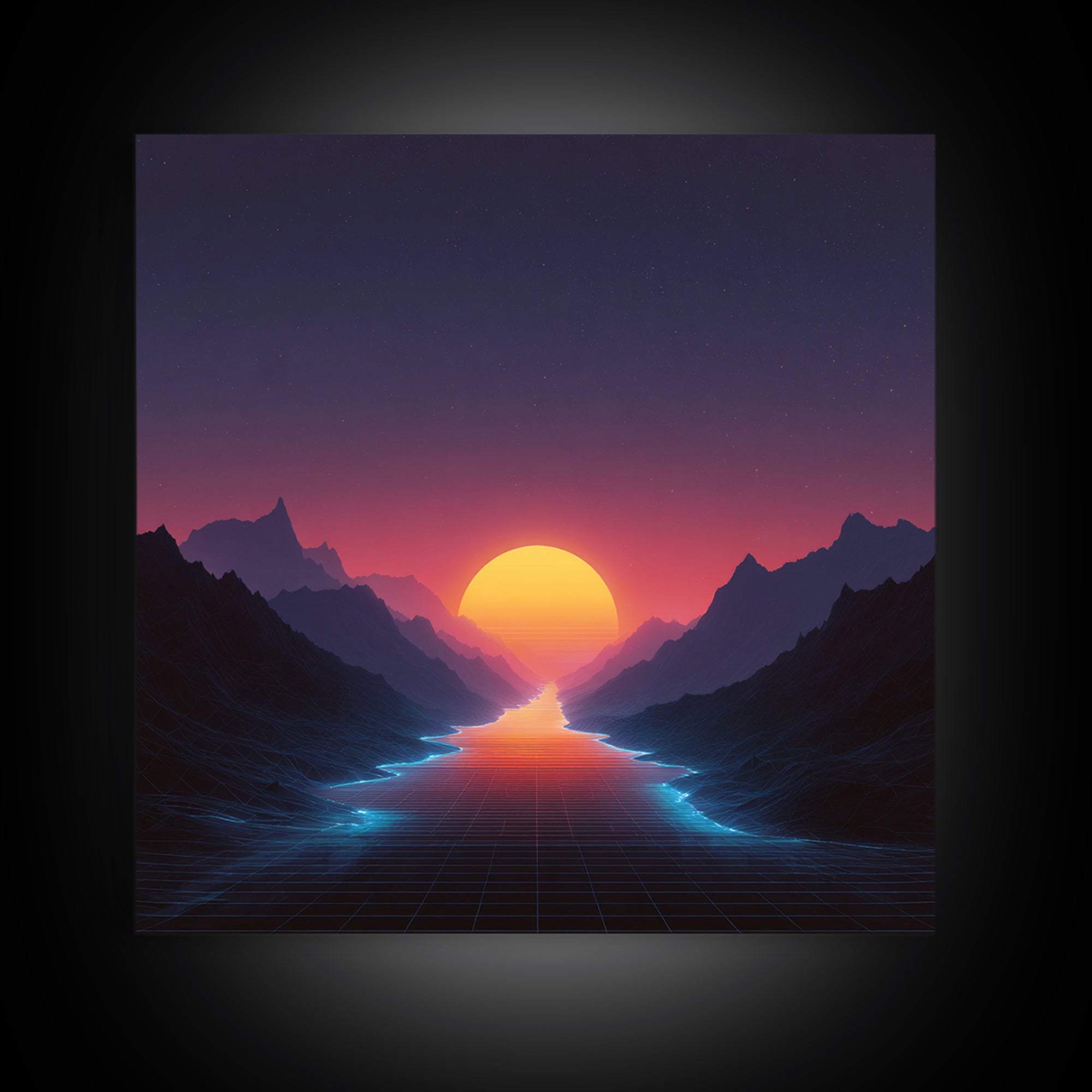 Retro Synthwave Sunset Over Neon River Wall Art, Futuristic 80s Vaporwave Landscape Canvas Print For Gaming Room