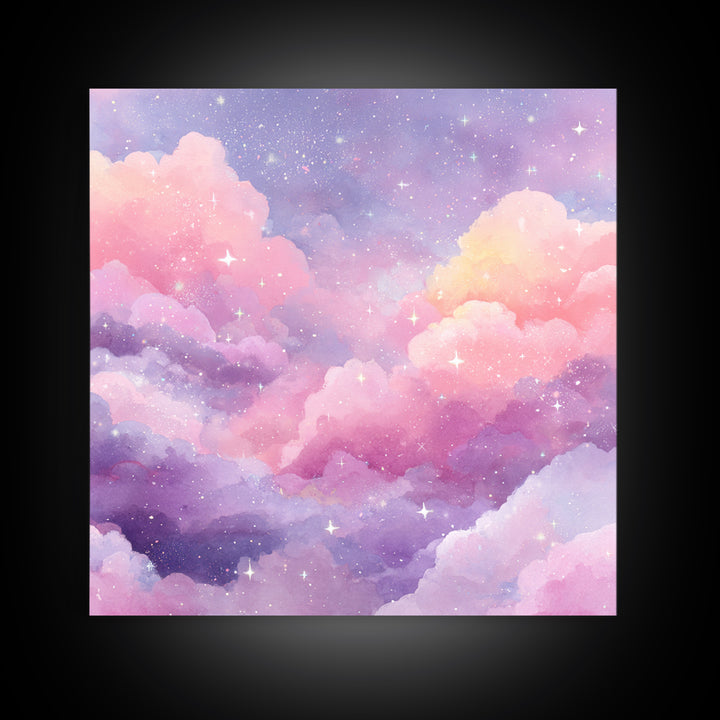Pink Lavender Starry Clouds Wall Art, Pastel Celestial Canvas Print, Dreamy Nursery Decor, Girls Room Decor, Whimsical Art