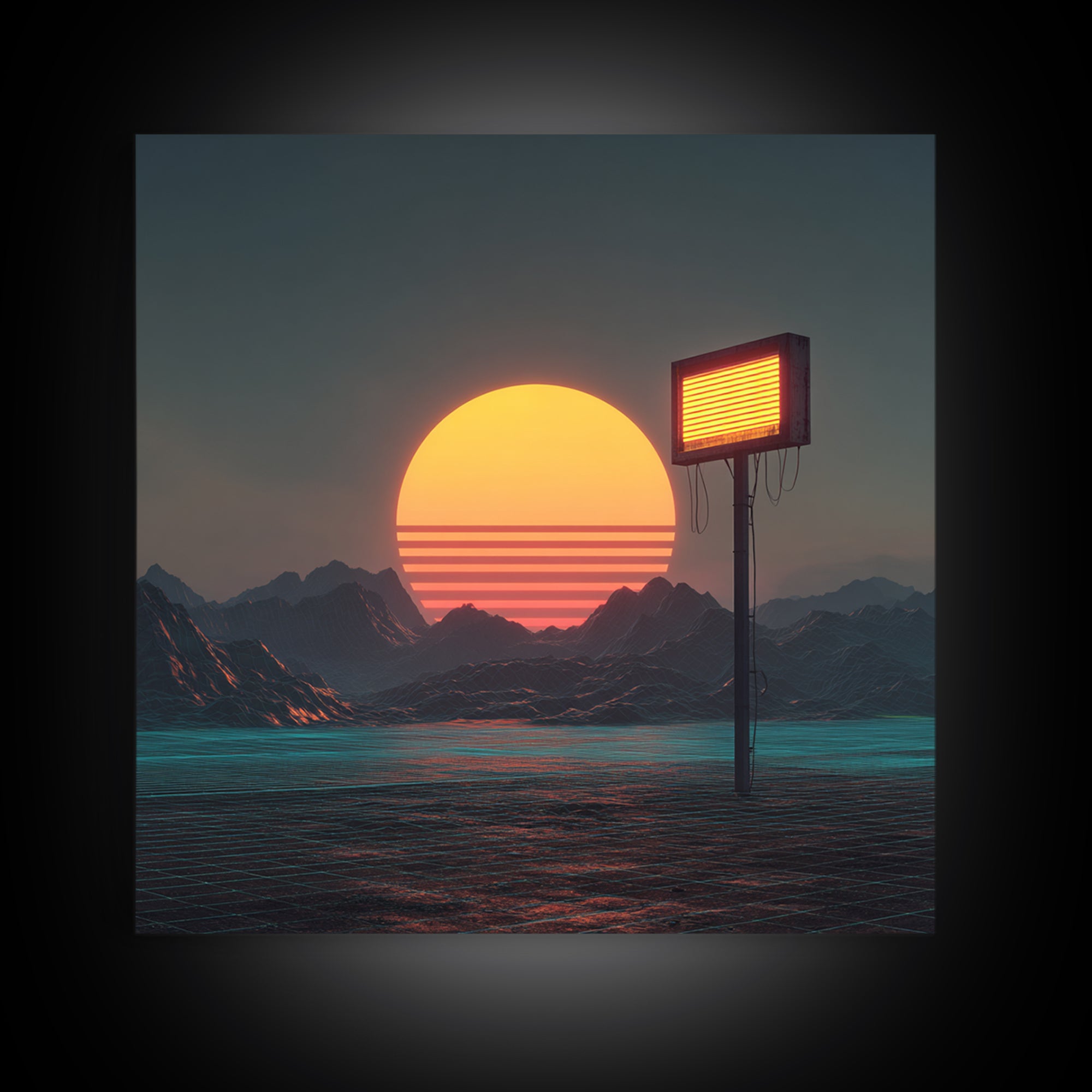 Futuristic Neon Sun Over Sci Fi Mountains Wall Art, Cyberpunk Landscape Home Decor, Retro Synthwave Canvas Print