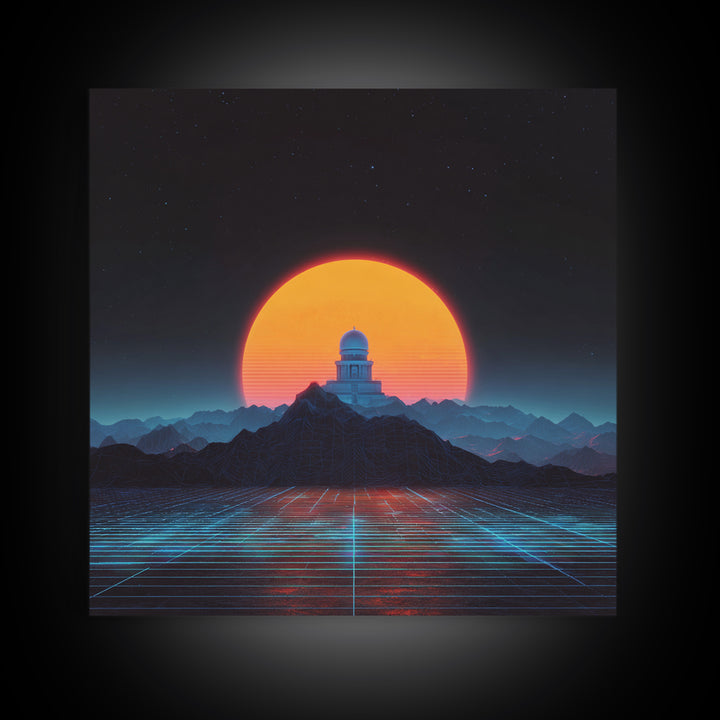 Sci Fi Observatory Sunset Landscape Wall Art, Retro Futuristic Mountains, Neon Synthwave Canvas Print Decor