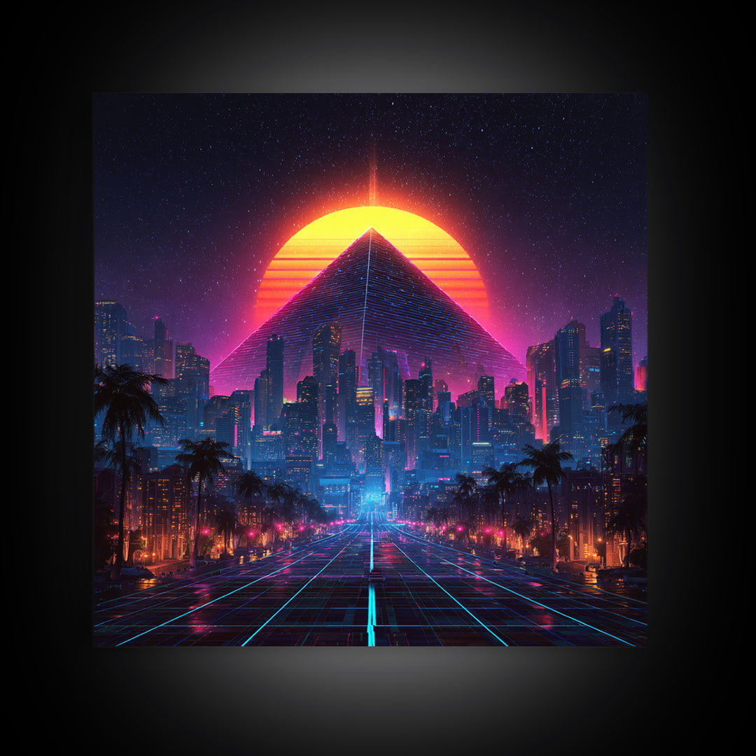 Retro Futuristic Neon City Pyramid Wall Art, Cyberpunk Sunset Canvas Print, Synthwave Gaming Room Decor, Sci Fi Art