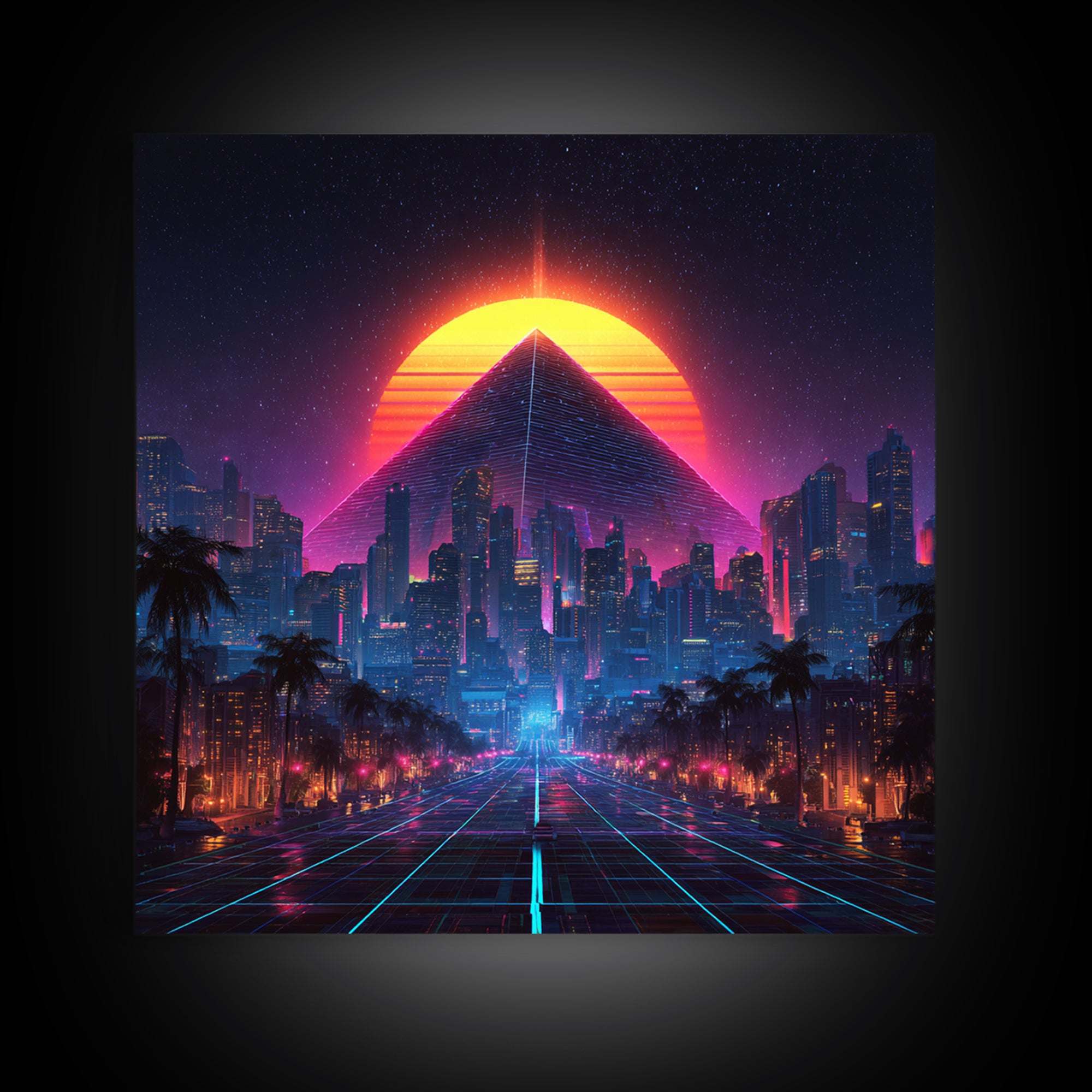Retro Futuristic Neon City Pyramid Wall Art, Cyberpunk Sunset Canvas Print, Synthwave Gaming Room Decor, Sci Fi Art