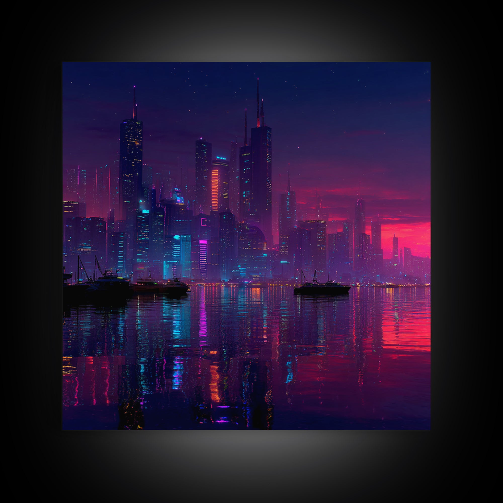 Cyberpunk Neon City Skyline Wall Art, Futuristic Night Harbor Canvas Print, Sci Fi Cityscape Decor, Gaming Room Modern Wall Art