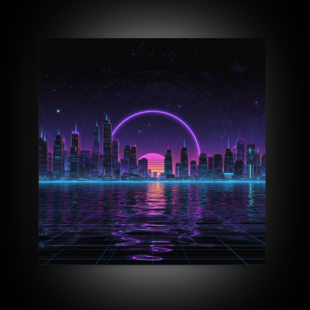 Neon City Skyline Over Water Retro Futuristic Wall Art Vaporwave Cityscape Canvas Print Gaming Room Decor