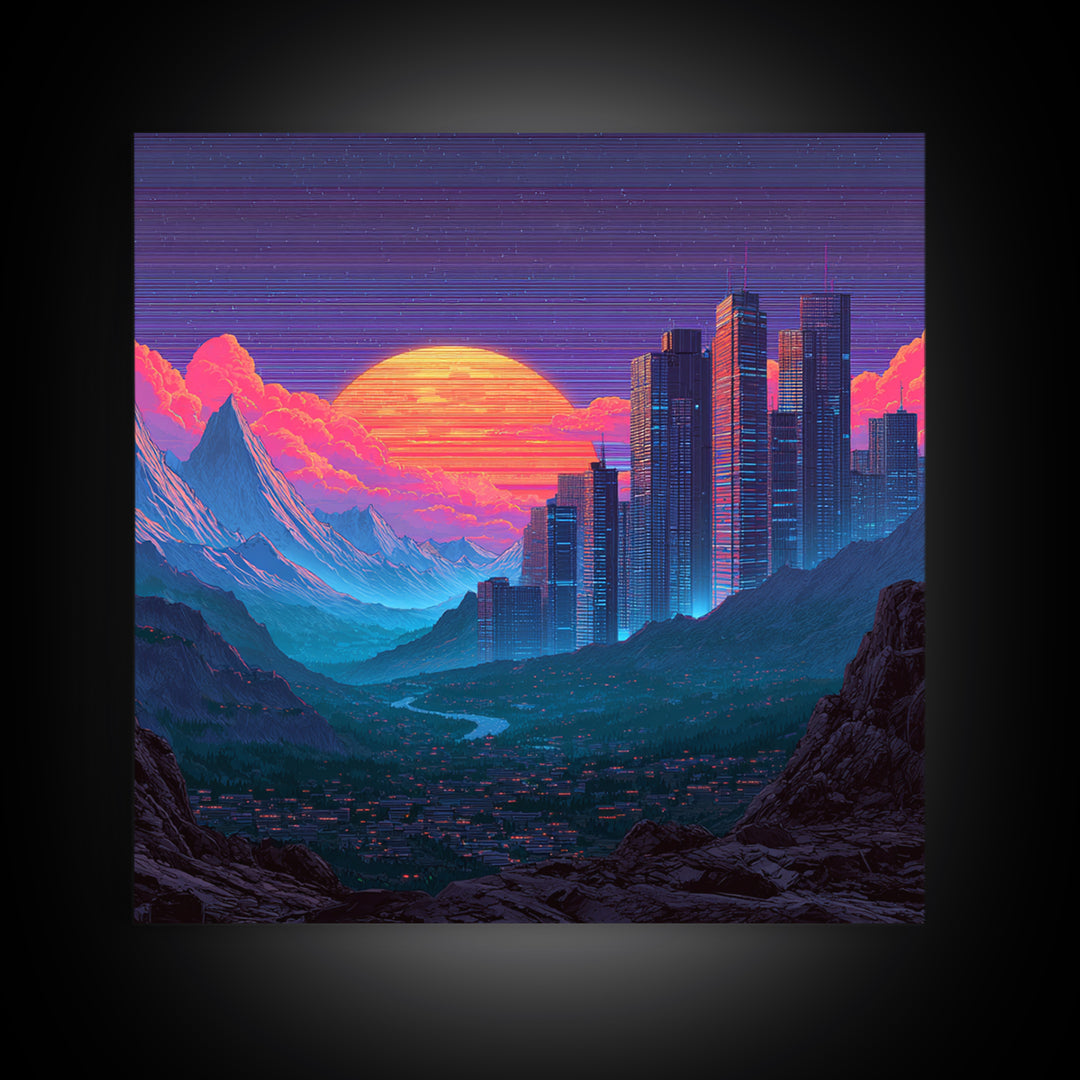 Cyberpunk City Neon Sunset Landscape Wall Art Futuristic Skyline Painting Gaming Room Decor Modern Wall Art Canvas Print