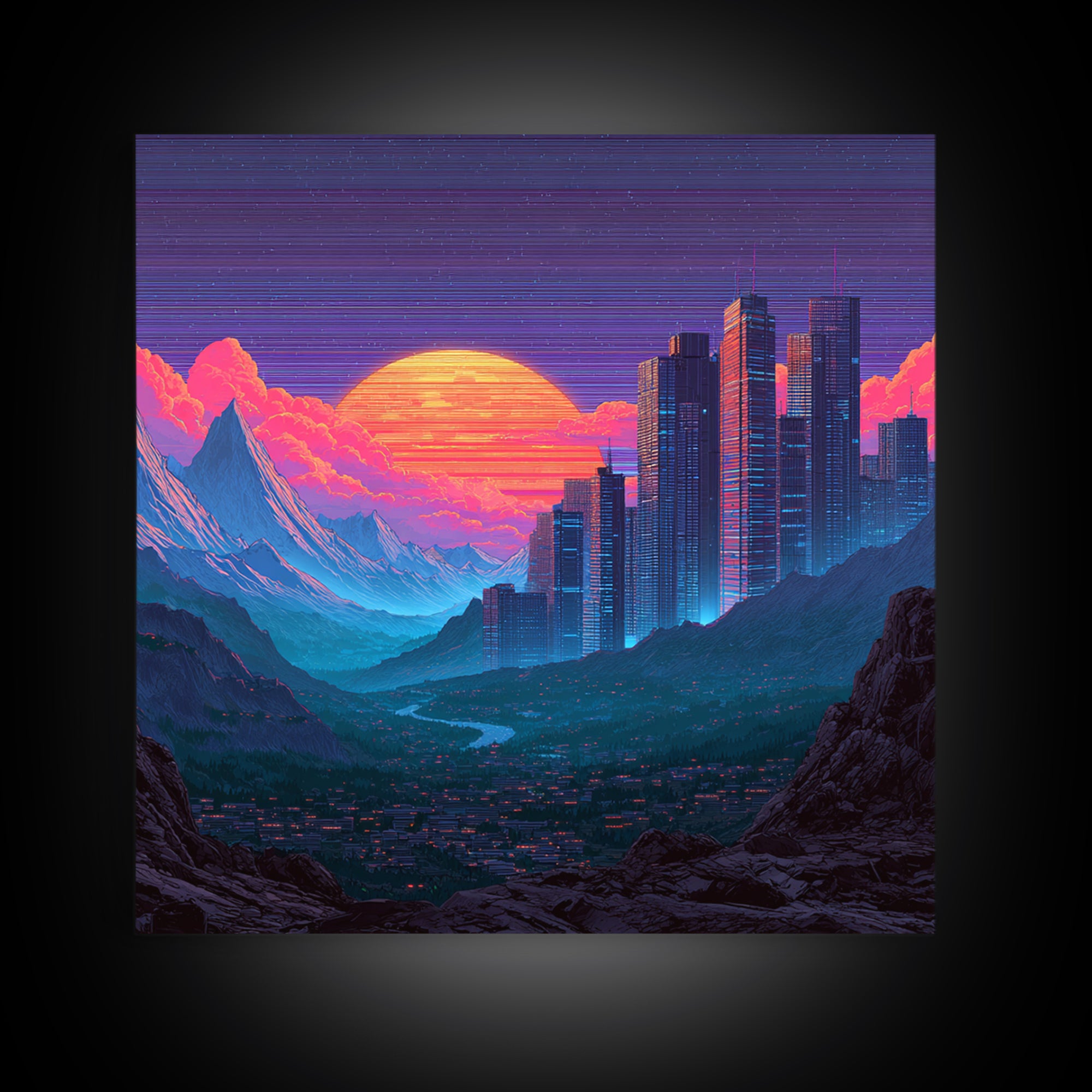 Cyberpunk City Neon Sunset Landscape Wall Art Futuristic Skyline Painting Gaming Room Decor Modern Wall Art Canvas Print