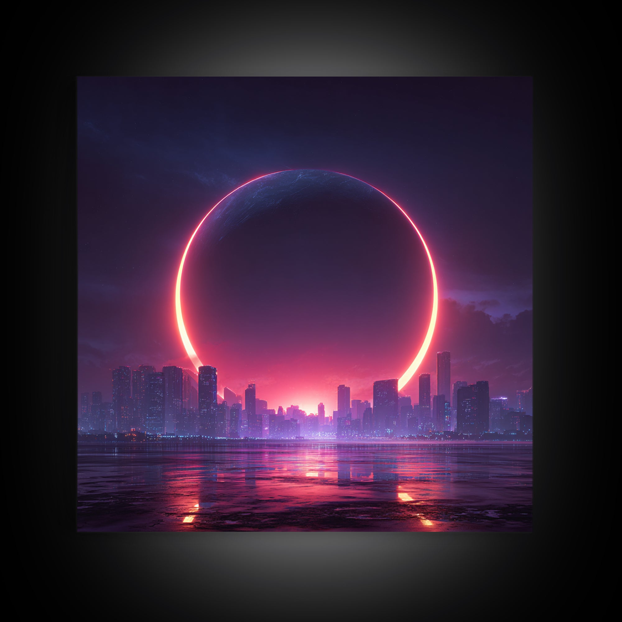 Futuristic Eclipse Cityscape Canvas Print, Neon Sci Fi Wall Art, Cyberpunk Skyline Decor For Gaming Room Or Modern Office